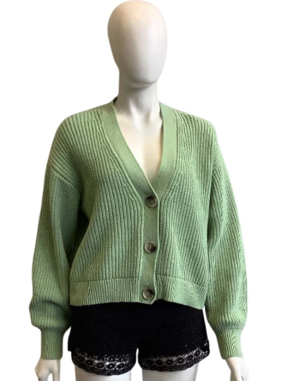 H&M Rib Knit Cropped Cardigan in Light Pastel Green